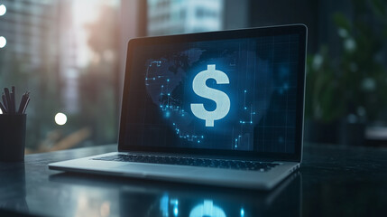 Poster - digital business financial transaction, cash flow in business, secure finance network, business finance concept photo with dollar sign display on laptop screen 