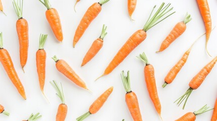 A playful arrangement of organic baby carrots, their slender forms dancing across the clean white background