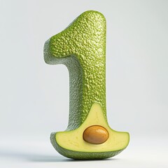 3D number 1 with avocado texture realistic modern design, soft lighting, white background.