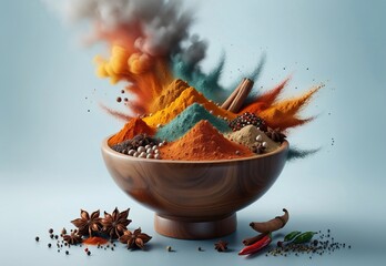 many colorful bright spices in spoons where the explosion of spices is a splash of aromas, isolated on blue background