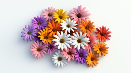 Wall Mural - Vibrant 3D Render of Colorful Daisy Cluster on White Background with 45-Degree Inclination