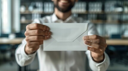 Happy Payday: Businessman Smiling with a Surprise Envelope. Reward,recognition,achievement,finance,investment,Christmas bonus.