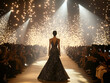 © Darcraft - A glamorous woman in a sparkling gown walks down a fashion runway, surrounded by glowing lights and a captivated audience.