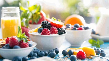 A breakfast table set with a variety of healthy options, including yogurt, fruit, and whole grain toast.