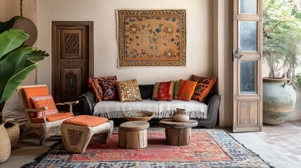 Eclectic interior design idea with a mix of vibrant textiles, hand-painted Moroccan tiles, and rustic wooden furniture, creating a relaxed, boho vibe.