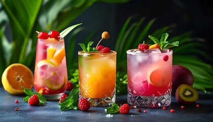 Wall Mural - Colorful summer cocktails garnished with fresh fruits and herbs, ideal for lively parties and festive gatherings