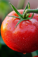 Poster - A fresh, ripe red tomato with water droplets clinging to its surface, still attached to the vine.