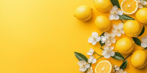 Whole and sliced lemons scattered among white flowers on a yellow background, creating a bright and refreshing visual.