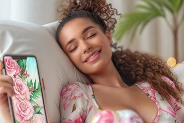 Woman relaxing with a tablet in a cozy, modern setting. Woman with curly hair, wearing a floral dress, lying on a sofa, enjoying a moment of leisure. Ideal for lifestyle, technology social post