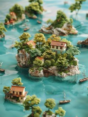 Poster - Colorful model island with buildings and boats.