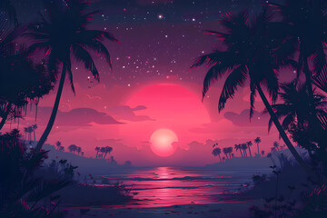 Empty background with space for text with palm trees and sunset in 80s style