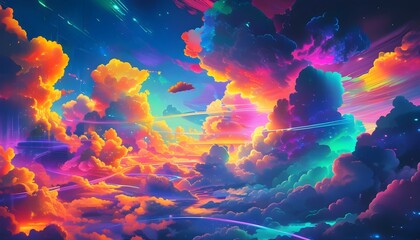 Wall Mural - Vibrant futuristic landscape with colorful clouds and glowing elements, evoking a dreamy and surreal atmosphere