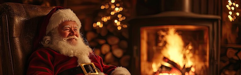 A cozy scene featuring Santa Claus resting by the fireplace, embodying the spirit of Christmas and holiday joy.