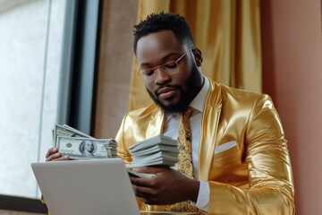 Wall Mural - A man in a gold suit holds a lot of money in his hands