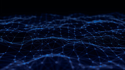 Poster - Data technology illustration. Abstract background with a dynamic wave. Dark background. Big data visualization. Plexus. Vector illustration