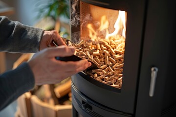 Man fills a pellet stove with wood pellets while preparing for a cozy evening at home during the cold season. Close-up