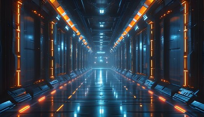 Wall Mural - Mysterious futuristic digital corridor illuminated by glowing lights, perfect for technology and sci-fi explorations