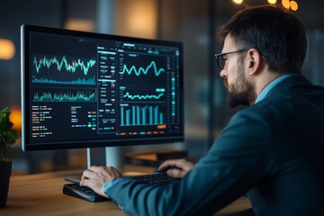 Poster - Professional analyzing financial data on computer screen in modern office during evening hours