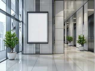 A large white board is on the wall of a large, empty room. The room is very clean and has a modern, minimalist design. There are two potted plants in the room, one on the left side