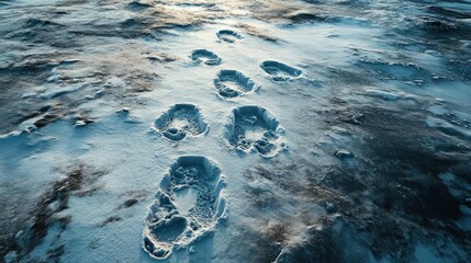 Poster - Footprints in fresh snow, creating a serene winter landscape under a soft light. Nature's beauty captured in frozen moments.