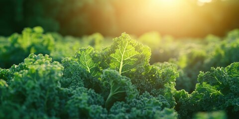 A field of green leafy vegetables, including kale, is in full bloom. The sun is shining brightly on the plants, making them look even more vibrant and healthy. Concept of abundance and vitality