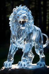 an intricately carved ice sculpture of a lion, showcasing stunning craftsmanship and glistening deta