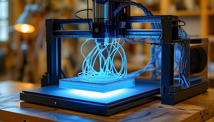 Dynamic 3D printing process crafting intricate blue designs on a precision bed