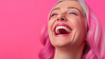 Sticker - A woman with pink hair is smiling and laughing. She has pink lipstick and her teeth are visible