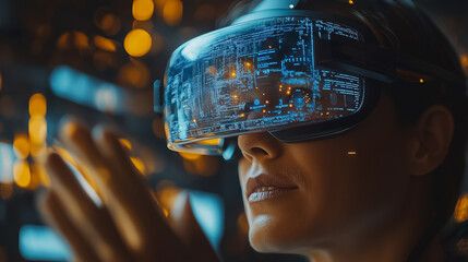 Poster - A woman wearing a virtual reality headset is looking at a computer screen. Concept of immersion and wonder as the woman explores a digital world