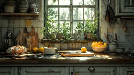 Wall Mural - Rustic Kitchen Window with Lemons and Bread