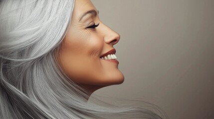 Sticker - A woman with long gray hair is smiling. The image has a blurry quality, giving it a dreamy, ethereal feel