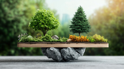 Surreal depiction of a miniature floating island with various trees, supported by a stone platform, blending nature and fantasy elements.