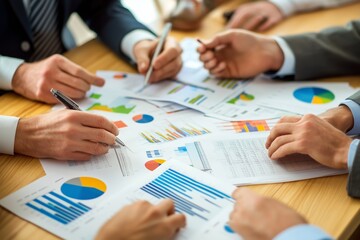 Poster - Business team brainstorming over documents with graphs and charts during a meeting in a modern office setting