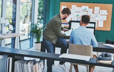 Poster - Office, men and meeting with diary for schedule for project deadline with planning and strategy as website designer. Back, male employees and coworking on discussion with teamwork and collaboration