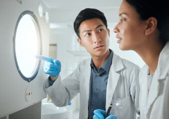 Poster - Scientist, test and machine in lab for research, collaboration and development with innovation results. Science, people and pointing for microbiome study, pharmaceutical and biotechnology experiment