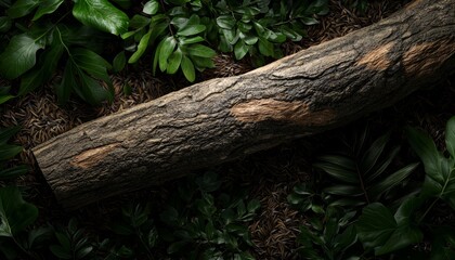 A weathered, textured tree branch lying on the forest floor, blending with the earthy tones of the ground and green foliage, evoking a sense of natural decay.