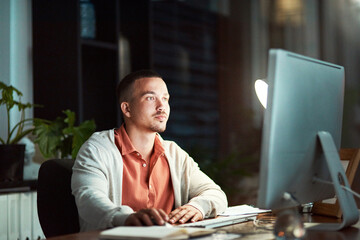 Aufkleber - Computer, reading and digital with business man for email marketing, target audience research and rpa software. Chief automation officer, online and technology with employee at night and ai system