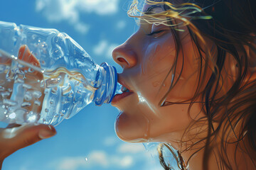 Close up of woman drinking water from bottle with a blue sky background