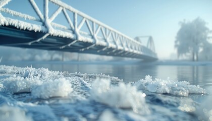 Winter landscape with a frosty bridge over a calm river, crystalized ice and snowy trees under a blue sky.