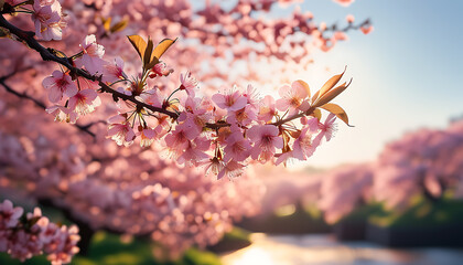 Wall Mural - Cherry blossoms at peak bloom interacting with the vibrant flower sea