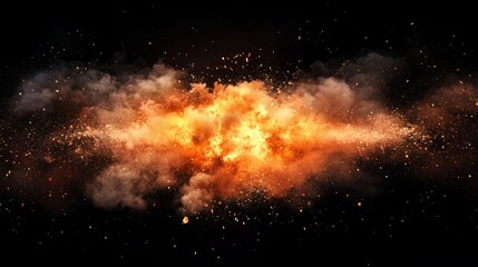 Wall Mural - A fiery explosion with smoke and sparks on a black background.