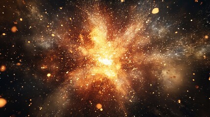 Wall Mural - A fiery explosion with sparks flying outwards in a dark background.