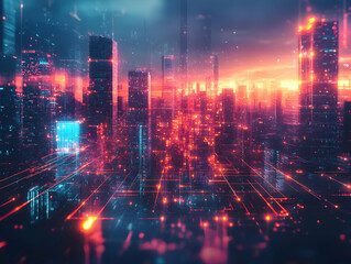 Poster - Futuristic city skyline with glowing skyscrapers and digital elements, creating a vibrant, tech-inspired urban landscape.