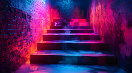 Poster - A vibrant staircase illuminated by colorful neon lights, creating a surreal and captivating atmosphere in an urban setting.