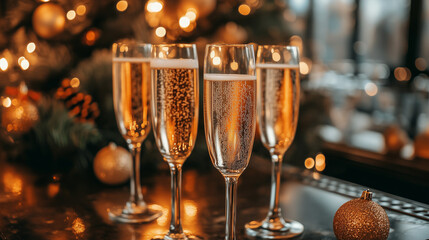 Champagne Flutes Sparkling Festively on Christmas Background