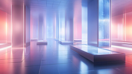 Poster - Futuristic corridor with illuminated pillars and vibrant reflections, creating an ethereal and immersive environment.