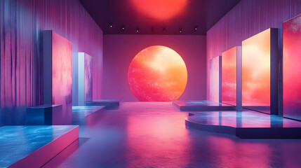 Poster - A vibrant, modern art gallery featuring colorful lighting and abstract displays, creating a surreal and immersive atmosphere.