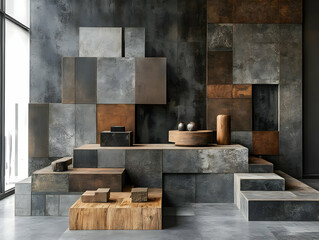 Poster - A modern interior design featuring abstract geometric shapes and natural materials, creating a stylish and artistic atmosphere.