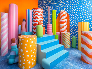 Poster - Colorful abstract exhibit featuring vibrant geometric shapes and playful patterns, creating a lively and artistic atmosphere.