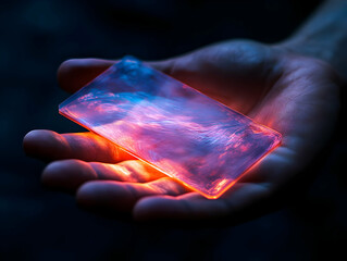 Poster - A hand holding a glowing, futuristic smartphone with a cosmic design, symbolizing technology and innovation.